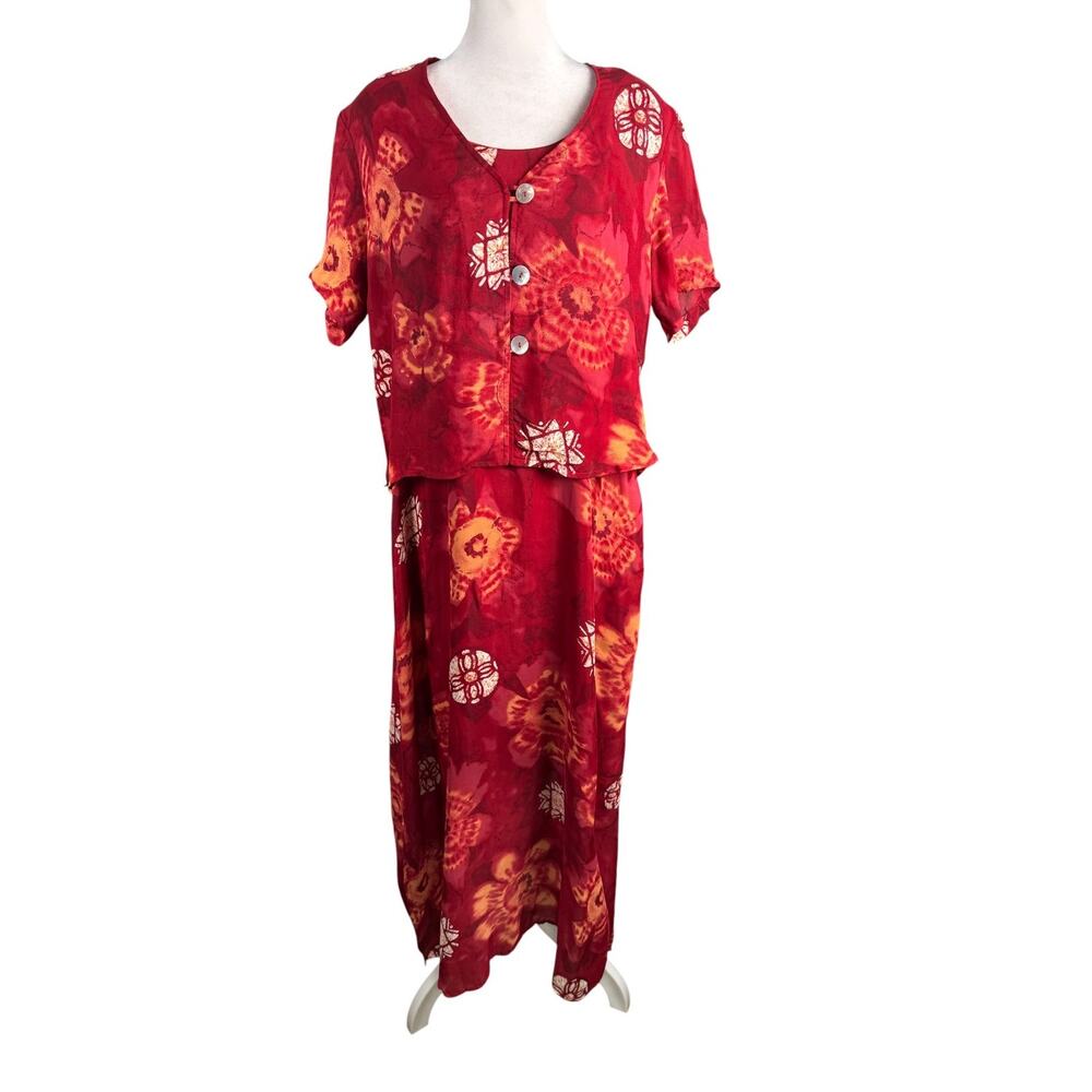 Rabbit Rabbit Rabbit Designs 12 Maxi Dress Matching Cardigan Red Floral Batik - Picture 3 of 15